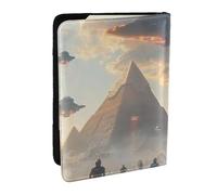 Étui de passeport imprimé pyramides et soucoupes volantes pour science-fiction en cuir synthétique pour homme et femme, 16,5 cm, Noir , Taille unique