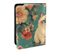 Étui de passeport imprimé « The Cat is Sitting Among The Flowers » - En cuir synthétique - Pour homme et femme - 16,5 cm