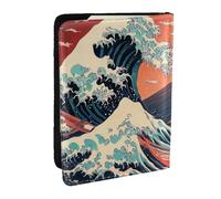 Étui de passeport japonais Ukiyo-E style vagues Mount Fuji imprimé soleil rouge, étui de voyage en cuir PU pour homme et femme, 16,5 cm, Noir , Taille unique