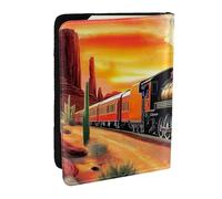 Étui de passeport rétro en cuir synthétique avec motif locomotive à vapeur désert, coucher de soleil rocher, 16,5 cm, Noir , Taille unique