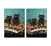 Étui de passeport ultra fin en cuir synthétique avec quatre chats noirs sur le piano - Organiseur de documents de voyage compact de qualité supérieure - Housse de protection pour passeport