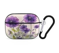 Étui de protection antichoc pour Airpods Pro 2ème génération avec mousqueton et fleurs violettes style aquarelle