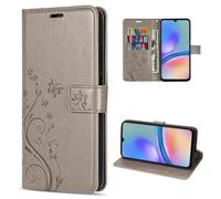 Étui de protection compatible avec Samsung Galaxy A05s, en cuir synthétique, portefeuille, motif de fleurs, gris