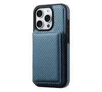 Étui de protection en cuir pour iPhone 16 Pro Max/16 Pro/16 Plus/16 - Avec compartiments pour cartes magnétiques - Prise en charge sans fil - Motif en fibre de carbone - Bleu - 16