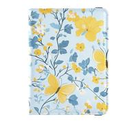 Étui de protection en cuir pour passeport et carte de vaccin - Motifs papillons et papillons - Ultra fin, Plusieurs petites fleurs papillons jaune et bleu clair, 1 size
