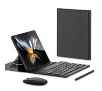 Étui de protection pliable en cuir avec clavier sans fil pour Samsung Galaxy Z Fold 4/Fold 3, support créatif pour souris Bluetooth et stylet (noir)