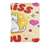 Étui de protection pour passeport en cuir avec motif chat blanc I Miss You - Pour voyage, femme, Chat blanc mignon I Miss You Cartoon, 1 size