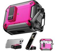 Étui de Protection RFUNGUANGO Compatible avec Les AirPods Pro 2e/1re génération avec Support de téléphone, Compatible avec la Fonction magnétique arrière,Noir + Rose Rouge