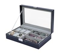 Étui de rangement en cuir synthétique pour lunettes de soleil et montres - Boîte à bijoux pour homme avec fenêtre transparente | Organiseur pour 6 montres, 3 lunettes, bijoux, accessoires de bureau et