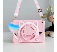 Étui de tablette avec support rotatif à 360° mignon chat, avec sangle d'épaule réglable et pendentif en forme de cœur, compatible avec Apple, tablette, housse en silicone souple pour iPad (rose/noir) 