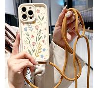 Étui de téléphone anti-chute épais à effet peau rainuré premium avec motif floral Ditsy, sangle tressée à la main, sangle d'épaule pour port à la main et en bandoulière, coque souple peinte, compatibl