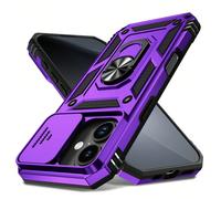 Étui de téléphone antichoc de qualité militaire Violet Étui de protection 360 degrés avec support anneau rotatif Couvercle de caméra coulissant Protection de l'objectif Anti-chute Compatible avec iPho