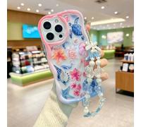 Étui de téléphone antichoc en TPU premium minimaliste à bordure ondulée torsadée avec motif peint fleur & tortue et accessoire bracelet de perles, compatible avec iPhone 17pro/17Air/17/17promax16/11/1