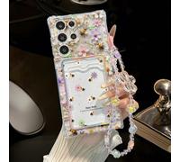 Étui de téléphone antichoc multifonction avec porte-cartes peint de bandes dessinées d'abeille et de fleurs, avec dragonne amovible, compatible avec Samsung Galaxy S25/S25+/S25 Ultra, A16, A36, A26, A