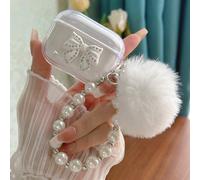 Étui de téléphone Apple avec élément nœud papillon blanc, étui d'écouteur transparent en forme de diamant avec nœud papillon, pompon et chaîne à perles, cadeau de printemps Apple AirPods 1/2,Apple Air