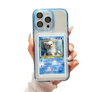Étui de téléphone avec affichage de cartes/photos pour iPhone | Jets/chargeurs d'images par le dessus | Compatible avec cartes Pokémon, sport, une pièce, magique (bleu glacial, iPhone 16 Pro)