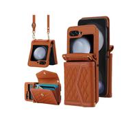 Étui De Téléphone Compatible Samsung Galaxy Z Flip5 Patchwork Style Chanel Avec Cordons Long Et Court, Stylo Non Inclus (Marron).