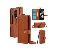 Étui De Téléphone Compatible Samsung Galaxy Z Fold4 Patchwork Style Chanel Avec Cordons Long Et Court, Stylo Non Inclus (Marron).