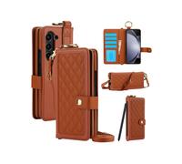 Étui De Téléphone Compatible Samsung Galaxy Z Fold5 Patchwork Style Chanel Avec Cordons Long Et Court, Stylo Non Inclus (Marron).