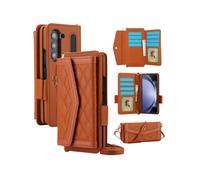 Étui De Téléphone Compatible Samsung Galaxy Z Fold5, Style Patchwork Chanel, Avec Porte-Cartes, Cordons Long Et Court, Stylo Non Inclus (Marron).