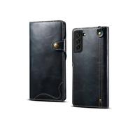 Étui De Téléphone En Cuir De Vachette Ciré À L'Huile Denior Avec Bouton Magnétique (Bleu Foncé), Compatible Avec Le Samsung Galaxy S23 5G :