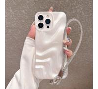 Étui de téléphone mode blanc asymétrique vague de luxe minimaliste. Étui de téléphone blanc premium avec motif 3D vague et dragonne strass, compatible avec iPhone 17 Pro Max/17 Pro/17 Air/17/16 Pro Ma