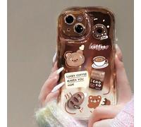 Étui de téléphone mode mignon avec éléments de petit ours en 3D, éléments de café, chocolat, ours en peluche Apple, design d'ours de bande dessinée mignon, accessoire autocollant vague ondulée fait ma