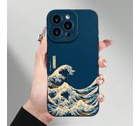Étui de téléphone mode minimaliste noir et bleu, style japonais Ukiyo-E, élément océanique. Étui de téléphone antichoc avec vague bleue peinte, perforé, peint en noir minimaliste. Compatible avec iPho