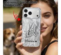 Étui de téléphone personnalisé avec design de mains entrelacées parent-enfant, personnalisation de nom et lettre en forme de cœur, protection transparente épaisse anti-chute et couvercle de protection