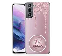 Etui de Téléphone Personnalisé pour Samsung Galaxy S21 Plus 5G - Coque Transparente en Gel Souple avec Effet Pailleté Rose Gold Design Initiales Nom Texte - Rose Or Rose