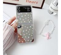 Étui de téléphone pliable à miroir plein écran avec nœud & fleur et sangle à chaîne, convient pour Samsung Galaxy Z Flip3 5G/Galaxy Z Flip 4 5G/Galaxy Z Flip 5 5G/Galaxy Z Flip 6 5G/Galaxy Z Flip 7 5G