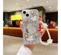 Étui de téléphone portable en alliage de luxe avec strass scintillants, éléments de miroir, cœur fait main, goutte de colle, faux perles, papillon, fleur en métal pour femmes avec faux perles et corde