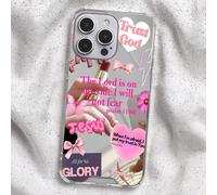 Étui de téléphone rose avec verset biblique pour filles compatible avec iPhone et Galaxy - Miroir transparent Confiance en Dieu Jésus Verset + Éléments de rouge à lèvres et de nœud - Coque de protecti