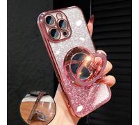 Étui de téléphone rose de luxe plaqué électroplaqué avec support magnétique anneau de vélo, miroir de maquillage intégré, paillettes strass, style Y2K, coque souple en silicone antichoc à la mode, com