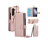 Étui De Téléphone Style Chanel Compatible Avec Le Samsung Galaxy Z Fold6, Avec Cordon (Longueur Et Courte), Stylo Non Inclus (Or Rose).