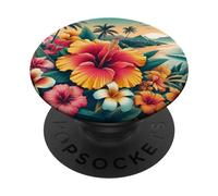 Étui de téléphone tropical hawaïen jaune rouge hibiscus plumeria PopSockets PopGrip Interchangeable