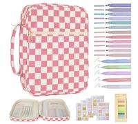 Étui de transport pour la Bible, motif à carreaux, avec 75 autocollants, 200 onglets, 5 stylos à encre gel et 12 surligneurs pour femme, rose rouge