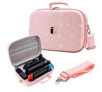 Étui de transport pour Nintendo Switch/OLED, sac à bandoulière portable de luxe pour console Switch et ensemble complet d'accessoires de jeu avec poche en maille, 18 jeux et bandoulière amovible (rose