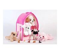Étui de transport Unipak 12 en peluche pour chien rose avec cinq (5) chiens en peluche (caniche rose, carlin, chihuahua, beagle et terrier blanc) + bonus gratuit cinq figurines de petit chiot G
