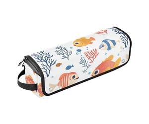 Étui de voyage 2 en 1 pour fer à friser et tapis résistant à la chaleur avec fermeture éclair étanche pour fer à lisser, fer à friser, sèche-cheveux, poisson tambour de dessin animé blanc