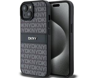 Etui DKNY do iPhone 15 6.1 czarny/black hardcase Leather Mono Stripe & Metal Logo
