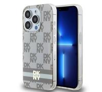 Étui DKNY pour iPhone 15 Pro 6.1 beige étui rigide IML Checkered Mono Pattern & Printed Stripes MagSafe
