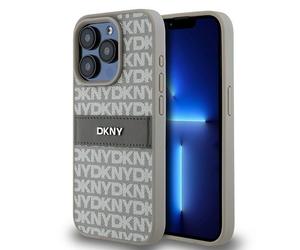 Étui DKNY pour iPhone 15 Pro 6.1 beige étui rigide Leather Mono Stripe & Metal Logo