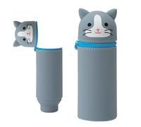 Étui École 2 en 1 en Silicone, Trousse Verticale avec Fermeture Éclair pour Crayons - Chat Bleu
