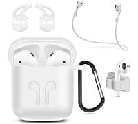 étui écouteurs en Silicone pour AirPods 1/2 Housse de Protection 6en1 avec Corde Anti-Perte, Boucle Anti-Pendaison et Manchon Bouchon d¿Oreille (Blanc)