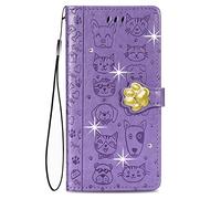 Étui en Cuir Case pour Oneplus Nord CE 4 Lite Coque Housse Jaune Motif Soft Silicone Flip Bookstyle Rotatif 360° Euti avec Diamant Strass 3D Cute Chat Chiot Motif Housse pour Oneplus Nord CE 4 Lite