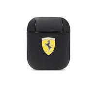 Ferrari Coque pour AirPods en noir sur piste, compatible avec Apple AirPods 1 et AirPods 2, étui rigide de protection en cuir PU, résistant aux chocs, chargement sans fil et logo en métal signature