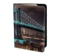Étui en cuir pour passeport NY Manhattan Bridge Night Print respectueux de l'environnement en cuir véritable essentiel de voyage