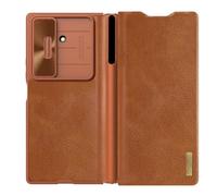 Étui en Cuir pour Samsung Galaxy Z Fold 7 avec Porte-Stylet, Cache-Objectif Coulissant, Format Portefeuille À Rabat Et Doublure en Fibre - Coque De Protection Intégrale,Brown