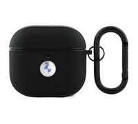 Étui en cuir véritable - BMW - AirPods 4 - Noir - Logo argenté - Mousqueton en métal